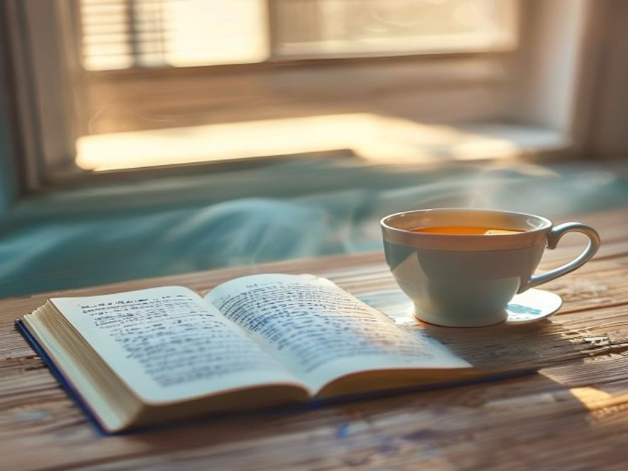 An open notebook with handwritten notes beside a cup of tea, representing mindfulness journaling practice