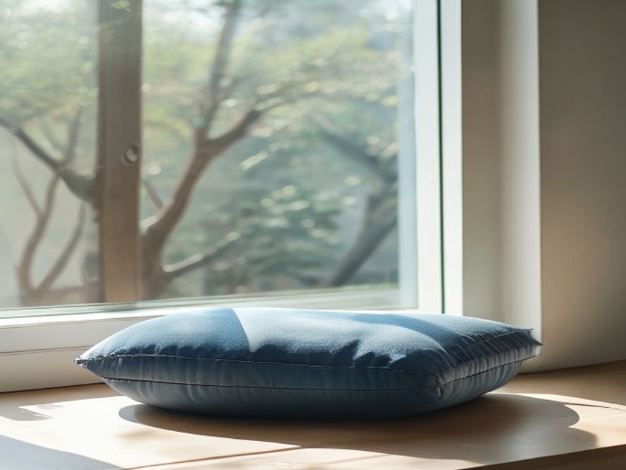 A peaceful interior with morning light, featuring a comfortable cushion for seated meditation practice