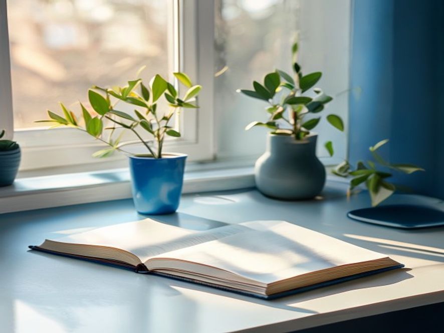 A thoughtfully arranged coaching workspace with notebooks, plants, and soft natural light coming through a window