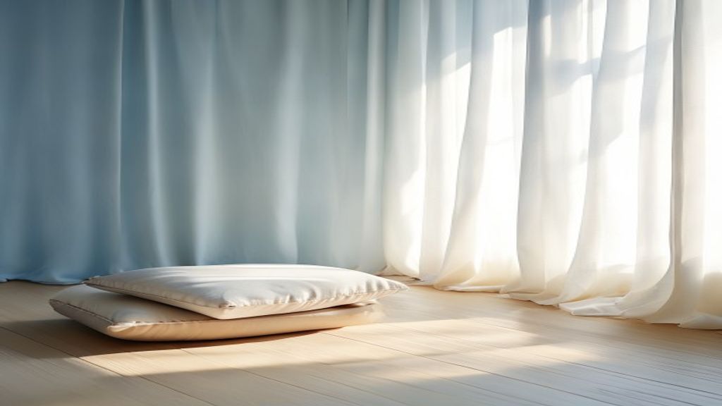 A serene meditation space with soft light filtering through curtains, creating a calm atmosphere for mindfulness practice
