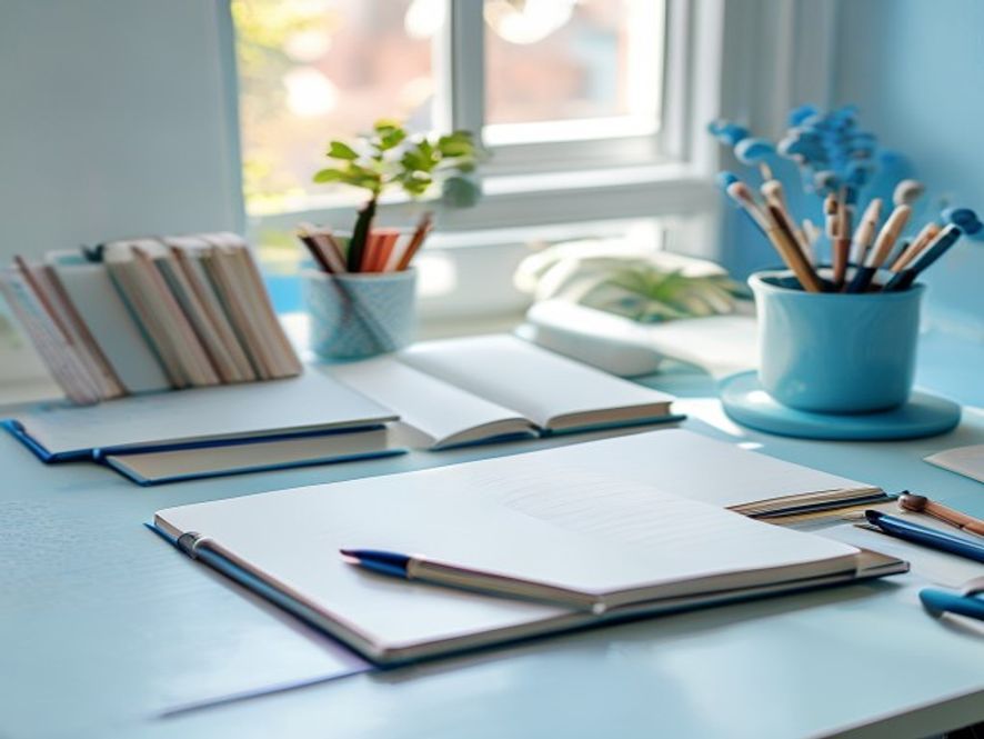 An organised workspace with notebooks and guides arranged thoughtfully for learning and reflection